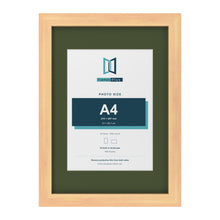Pine A3 picture frame with a green mount for an A4 photo