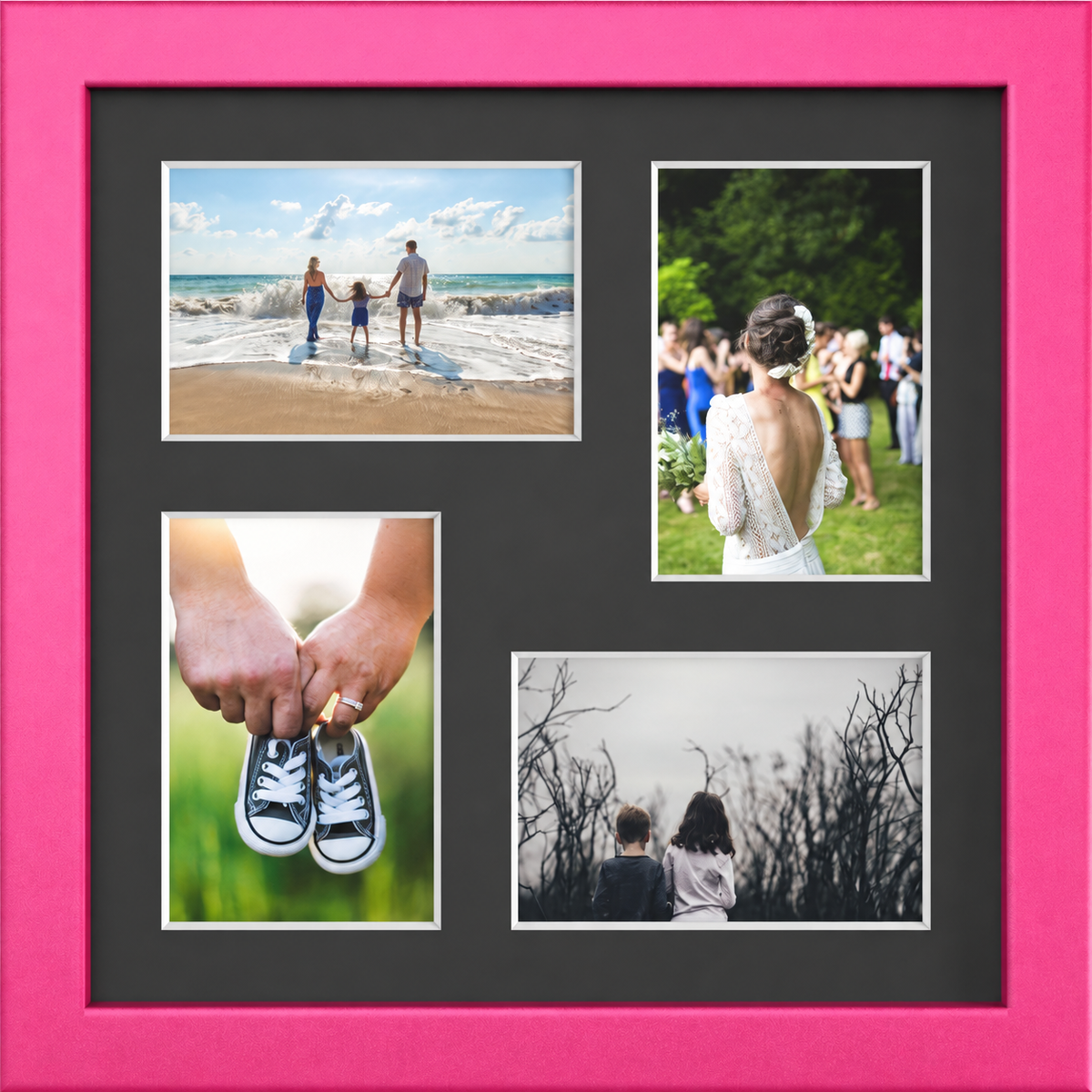 Pink multi-aperture frame, 4 Photos 6x4" with Black Mount displaying photographs