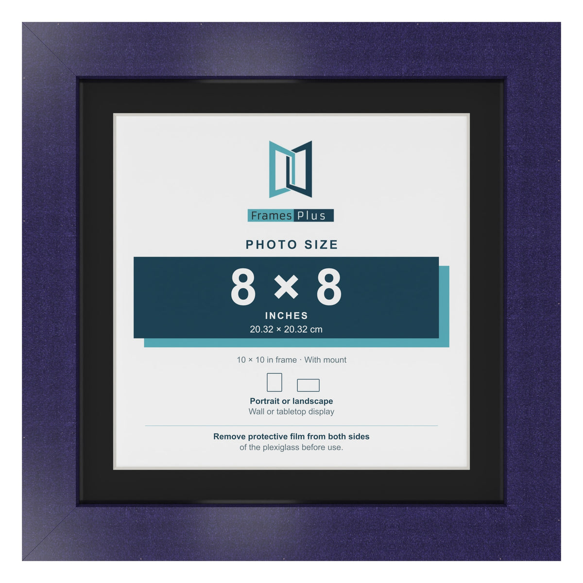 Purple 10 x 10 inch picture frame with a black mount for an 8 x 8 inch photo
