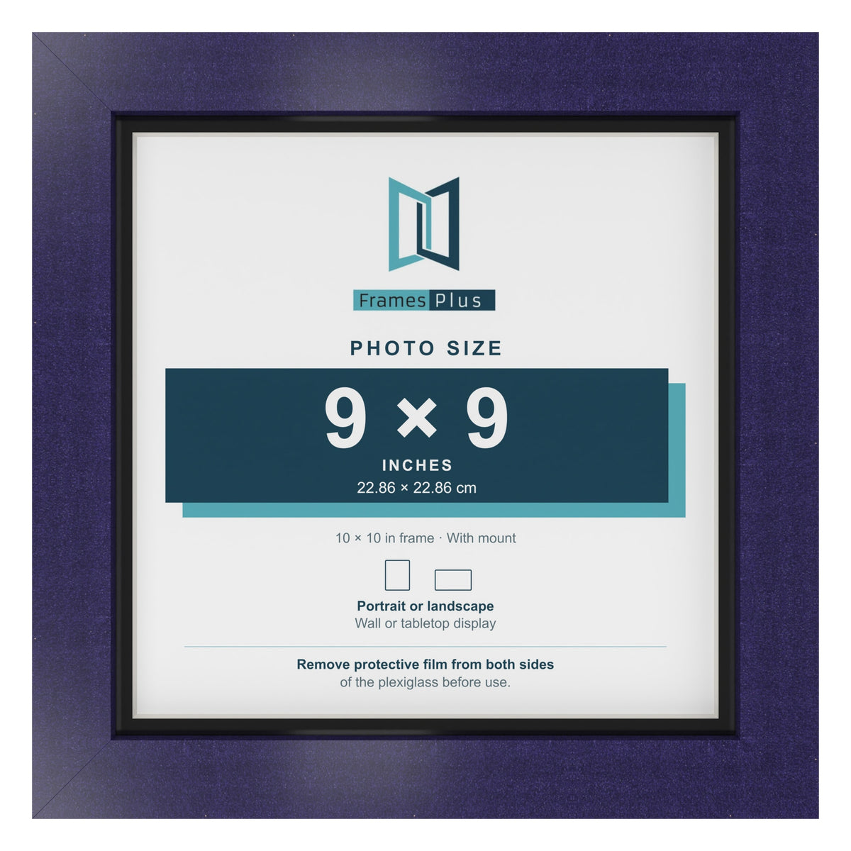 Purple 10 x 10 inch picture frame with a black mount for a 9 x 9 inch photo