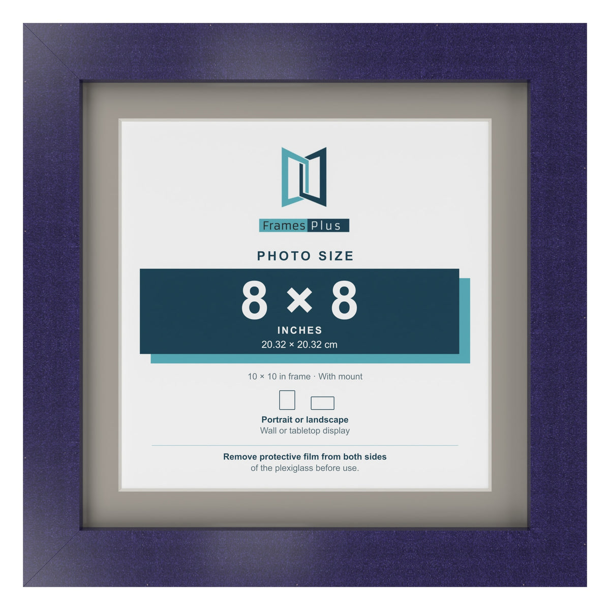 Purple 10 x 10 inch picture frame with a Dawn Grey mount for an 8 x 8 inch photo