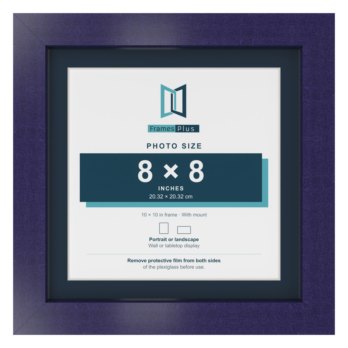 Purple 10 x 10 inch picture frame with a Pacific Blue mount for an 8 x 8 inch photo