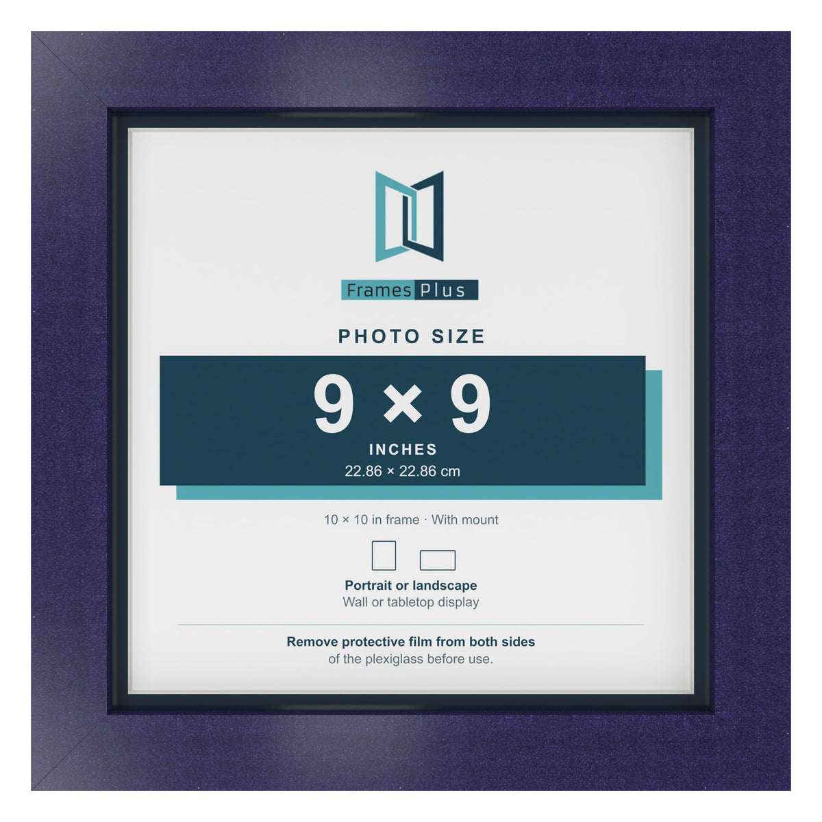 Purple 10 x 10 inch picture frame with a Pacific Blue mount for a 9 x 9 inch photo