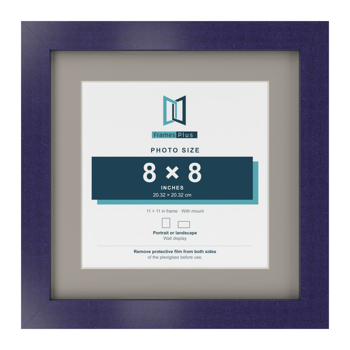 Purple 11 x 11 inch picture frame with a Dawn Grey mount for an 8 x 8 inch photo