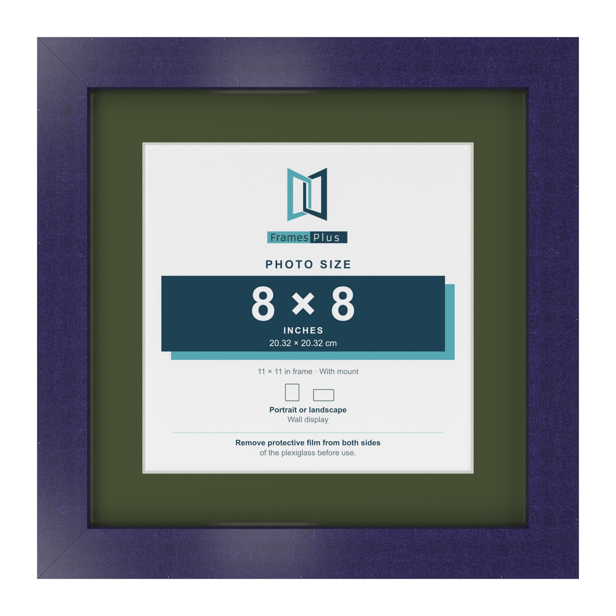 Purple 11 x 11 inch picture frame with a green mount for an 8 x 8 inch photo