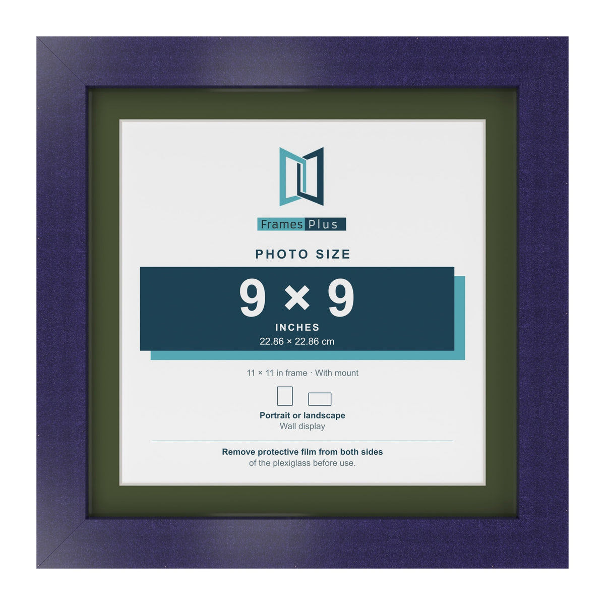 Purple 11 x 11 inch picture frame with a green mount for a 9 x 9 inch photo