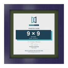 Purple 11 x 11 inch picture frame with a green mount for a 9 x 9 inch photo