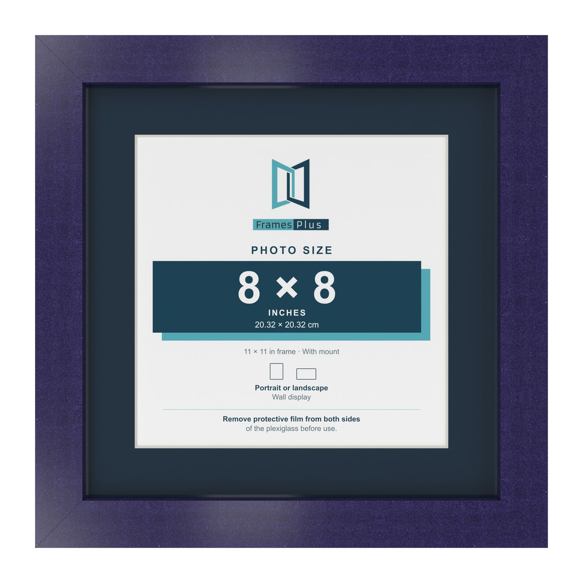 Purple 11 x 11 inch picture frame with a Pacific Blue mount for an 8 x 8 inch photo