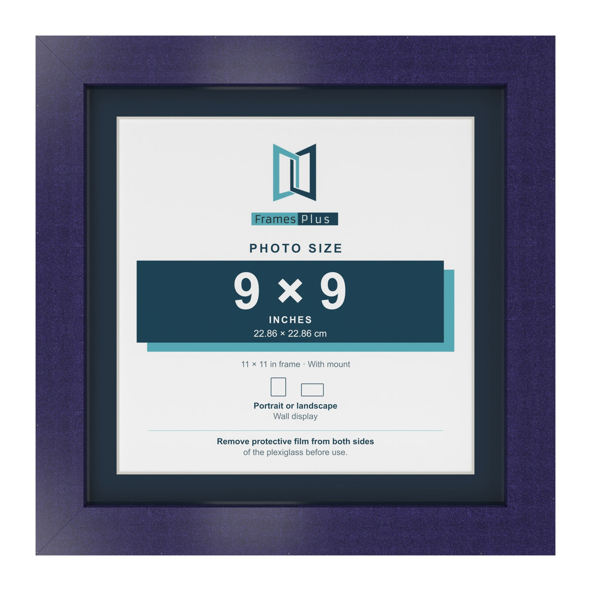 Purple 11 x 11 inch picture frame with a Pacific Blue mount for a 9 x 9 inch photo