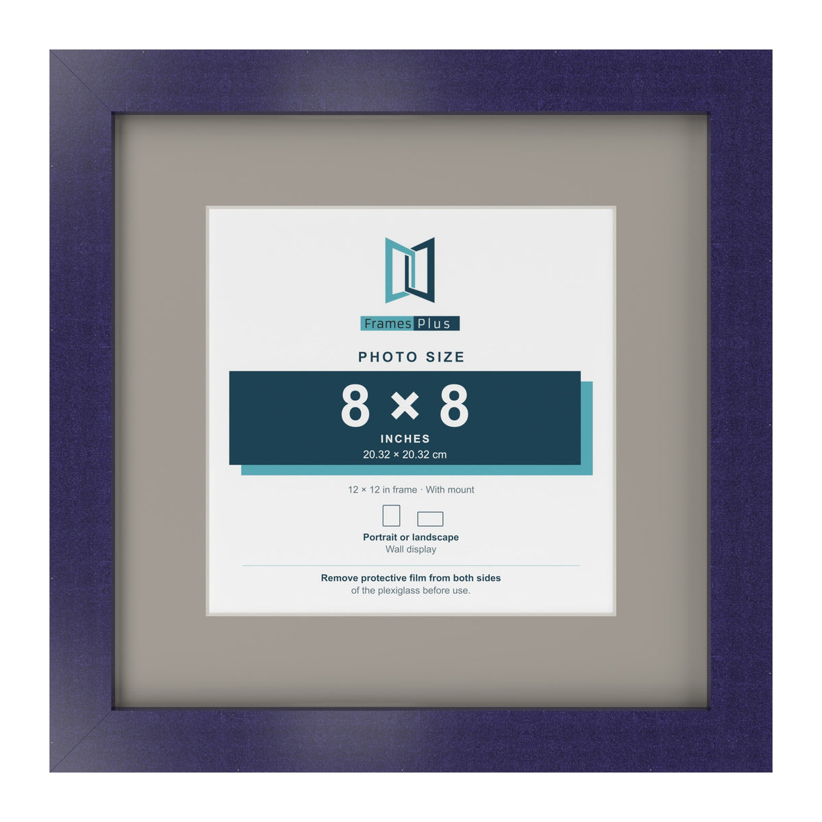 Purple 12 x 12 inch picture frame with a Dawn Grey mount for an 8 x 8 inch photo