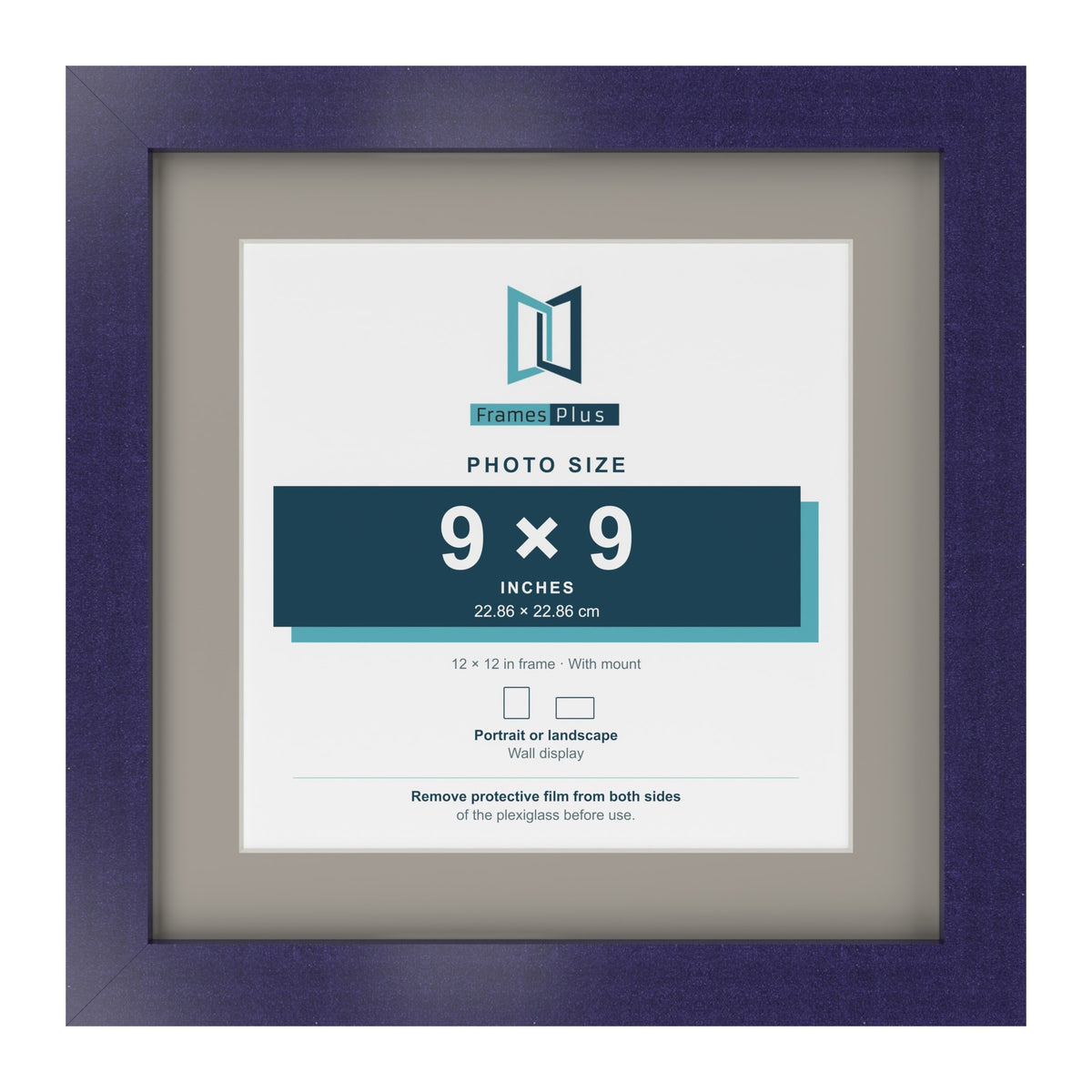 Purple 12 x 12 inch picture frame with a Dawn Grey mount for a 9 x 9 inch photo