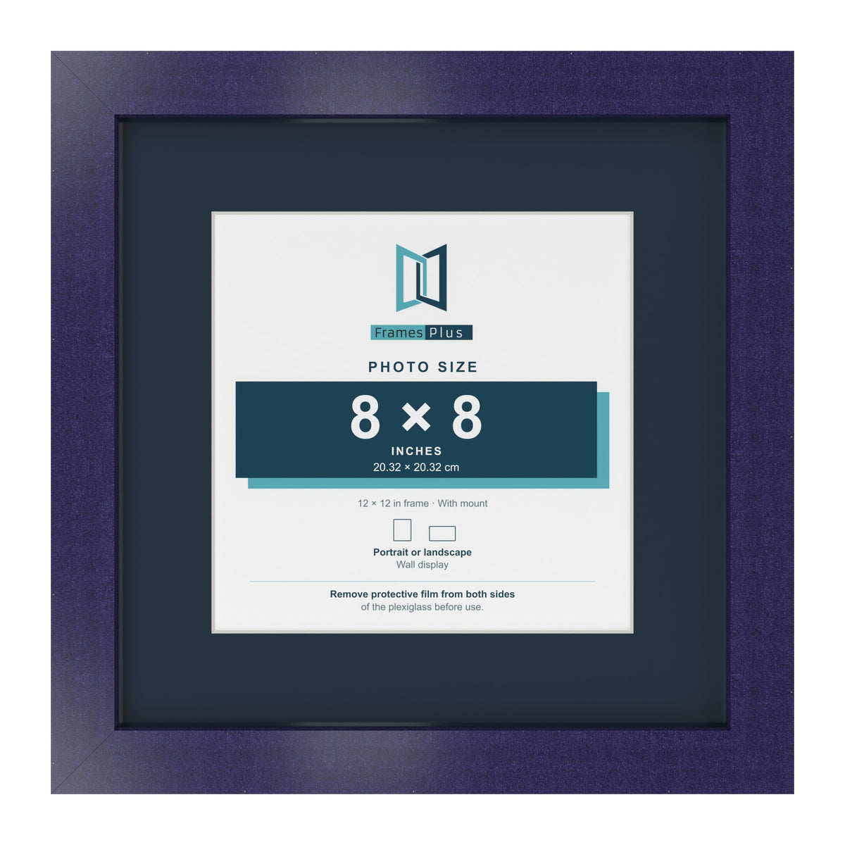 Purple 12 x 12 inch picture frame with a Pacific Blue mount for an 8 x 8 inch photo