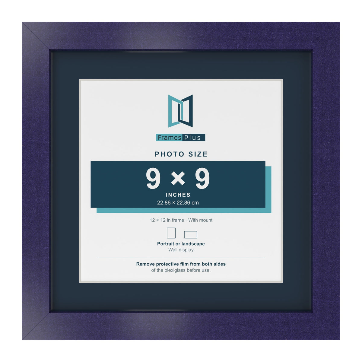 Purple 12 x 12 inch picture frame with a Pacific Blue mount for a 9 x 9 inch photo