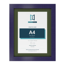 Purple 14 x 11 inch picture frame with a green mount for an A4 photo
