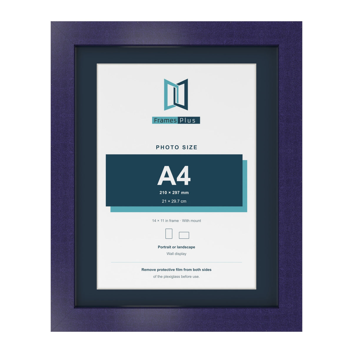 Purple 14 x 11 inch picture frame with a Pacific Blue mount for an A4 photo