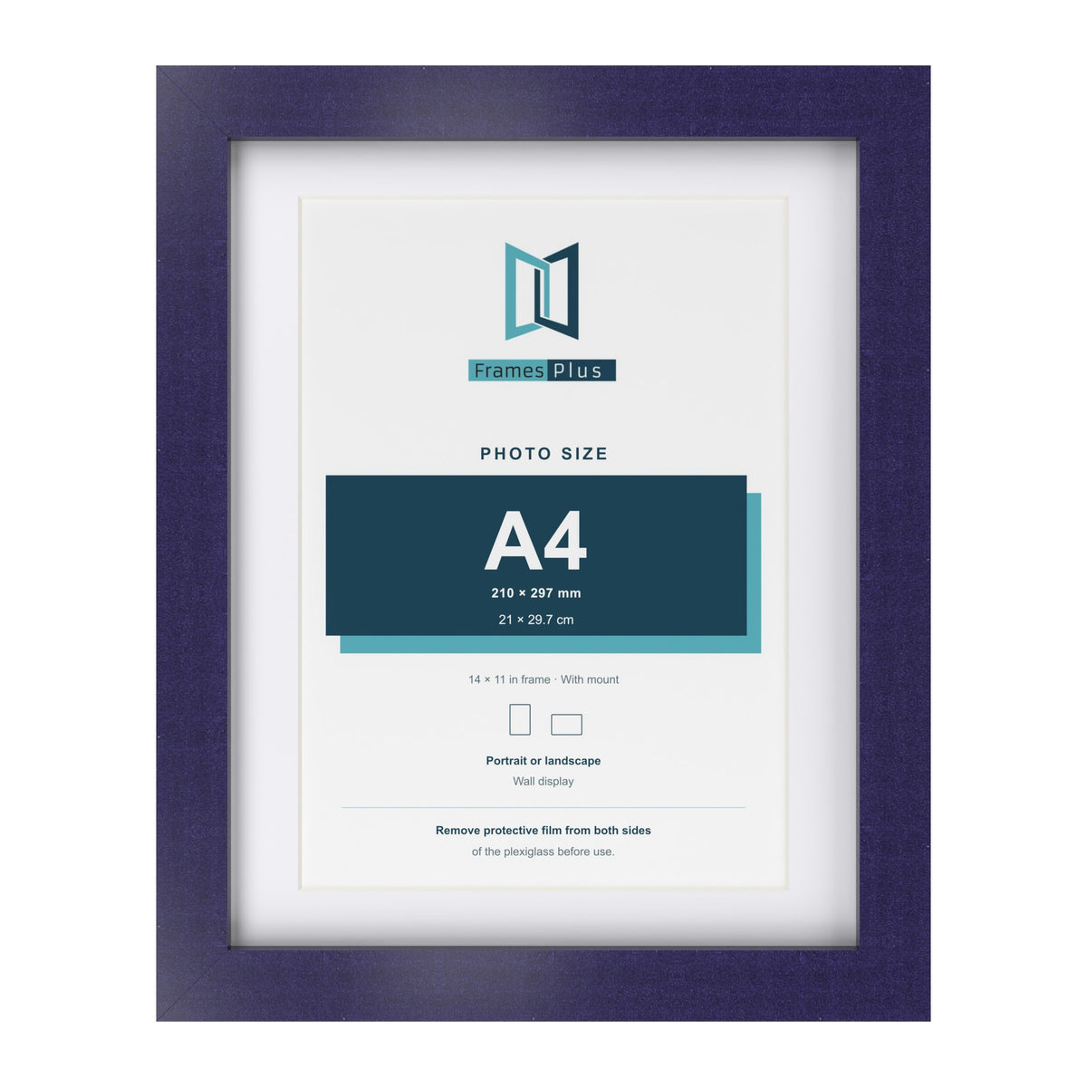 Purple 14 x 11 inch picture frame with a white mount for an A4 photo