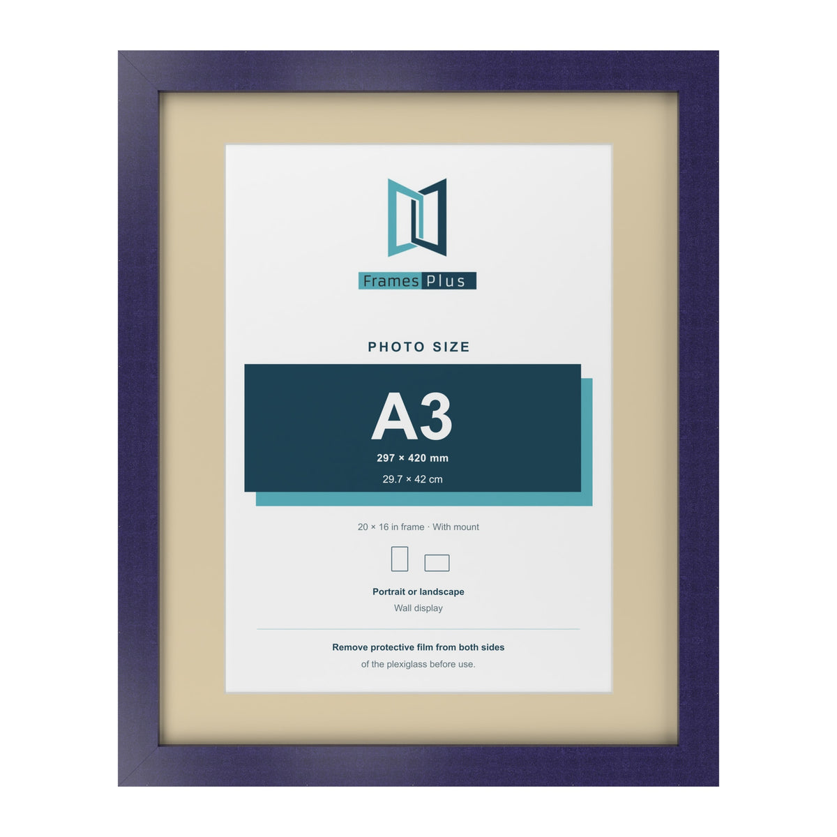 Purple 20 x 16 inch picture frame with an ivory mount for an A3 photo