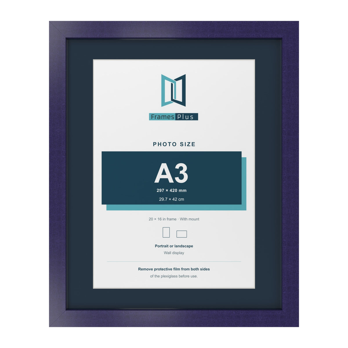 Purple 20 x 16 inch picture frame with a Pacific Blue mount for an A3 photo