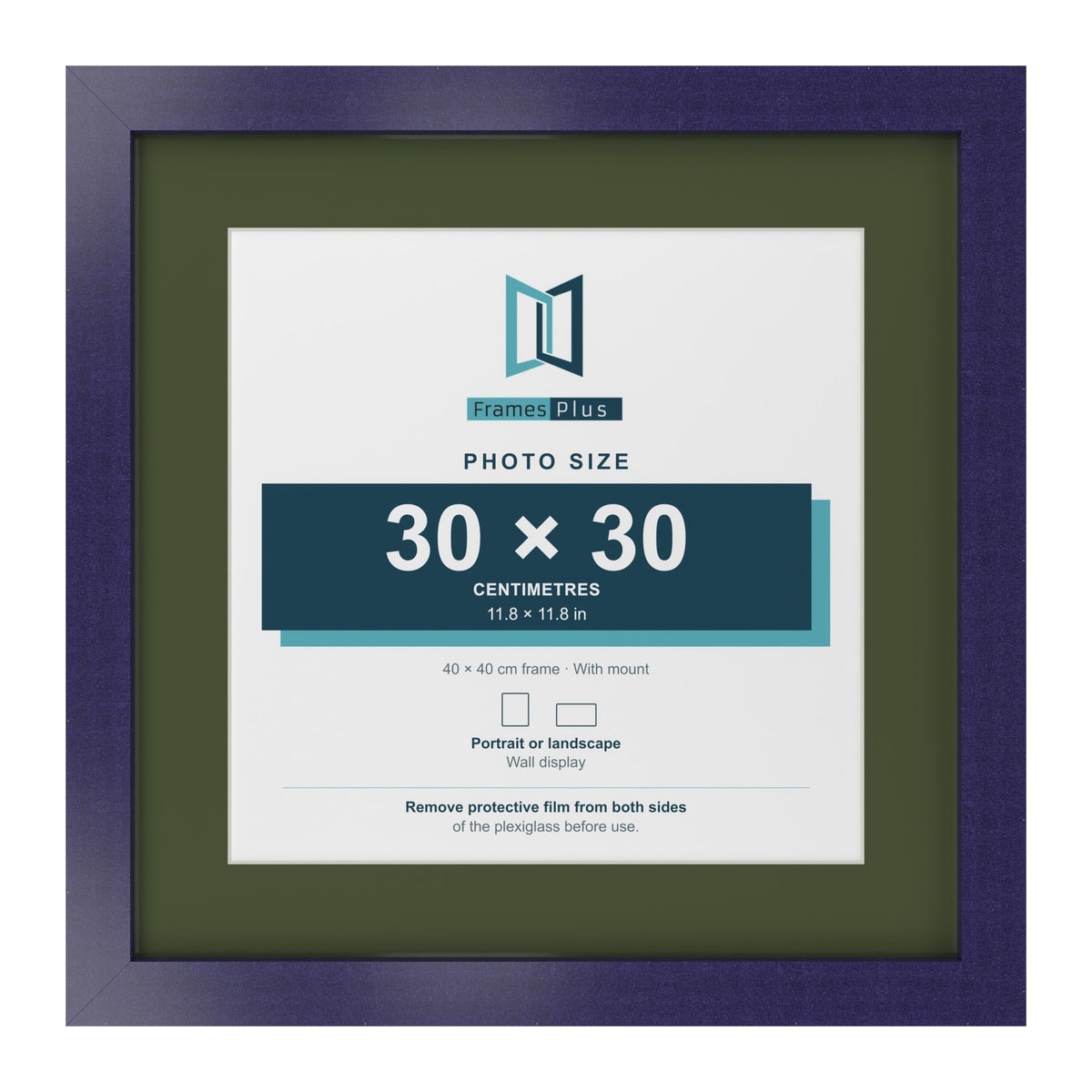 Purple 40 x 40 cm picture frame with a green mount for a 30 x 30 cm photo