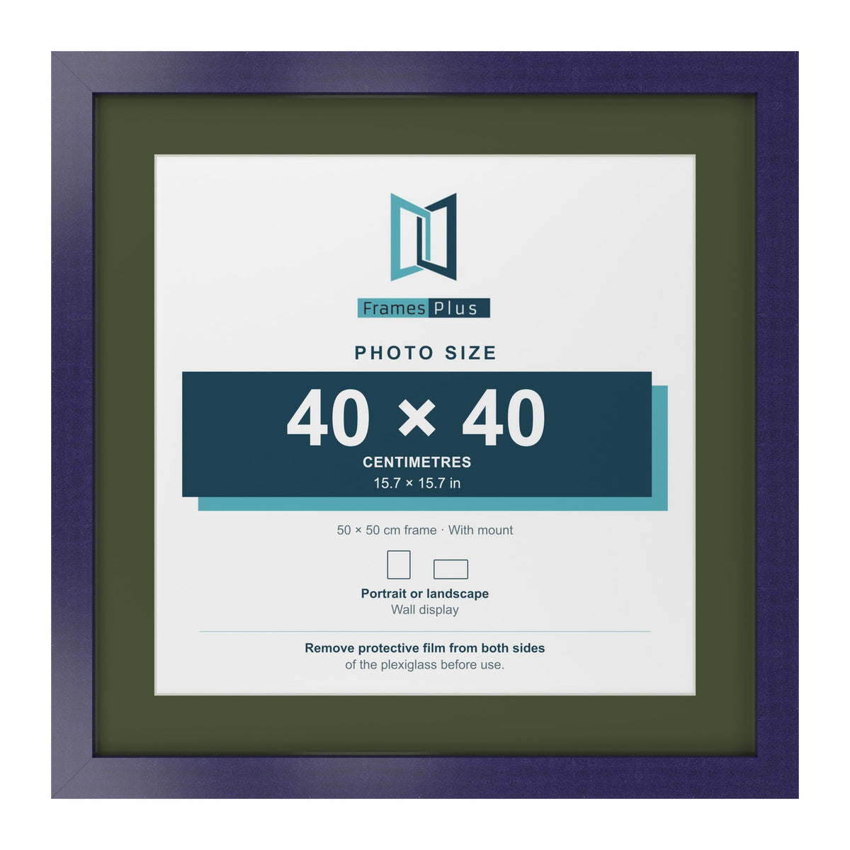 Purple 50 x 50 cm picture frame with a green mount for a 40 x 40 cm photo