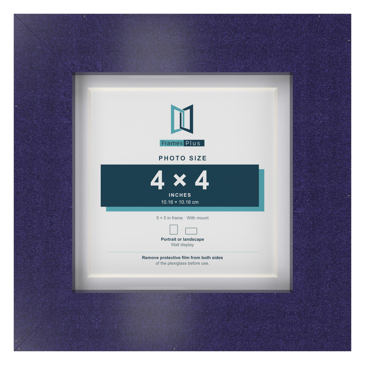 Purple 5 x 5 inch picture frame with a white mount for a 4 x 4 inch photo