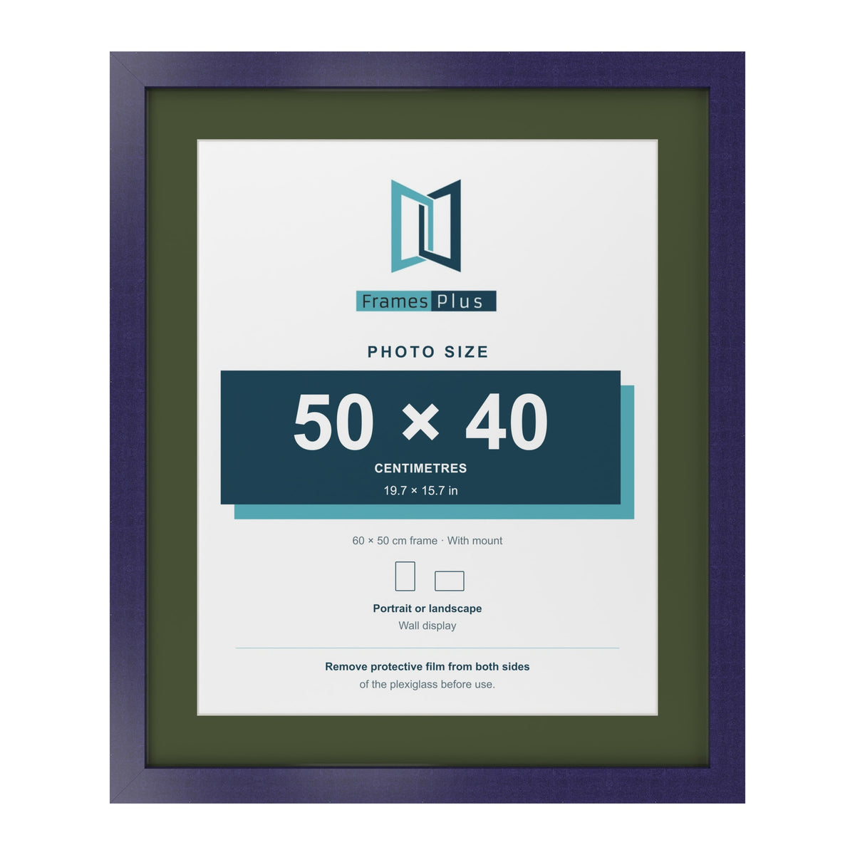 Purple 60 x 50 cm picture frame with a green mount for a 50 x 40 cm photo