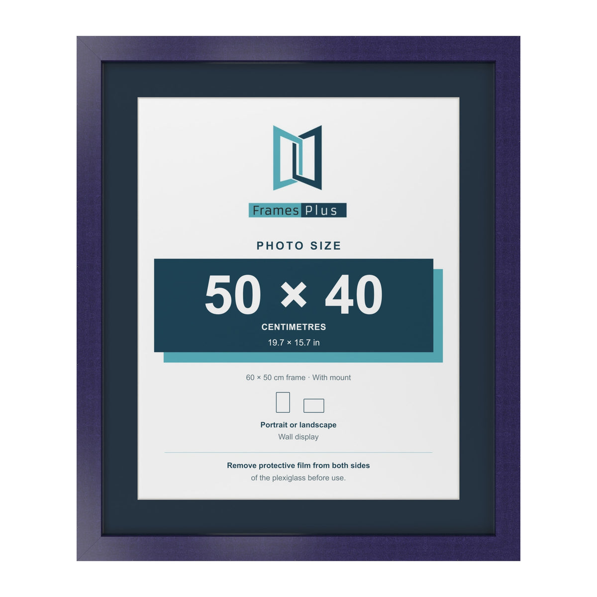 Purple 60 x 50 cm picture frame with a Pacific Blue mount for a 50 x 40 cm photo