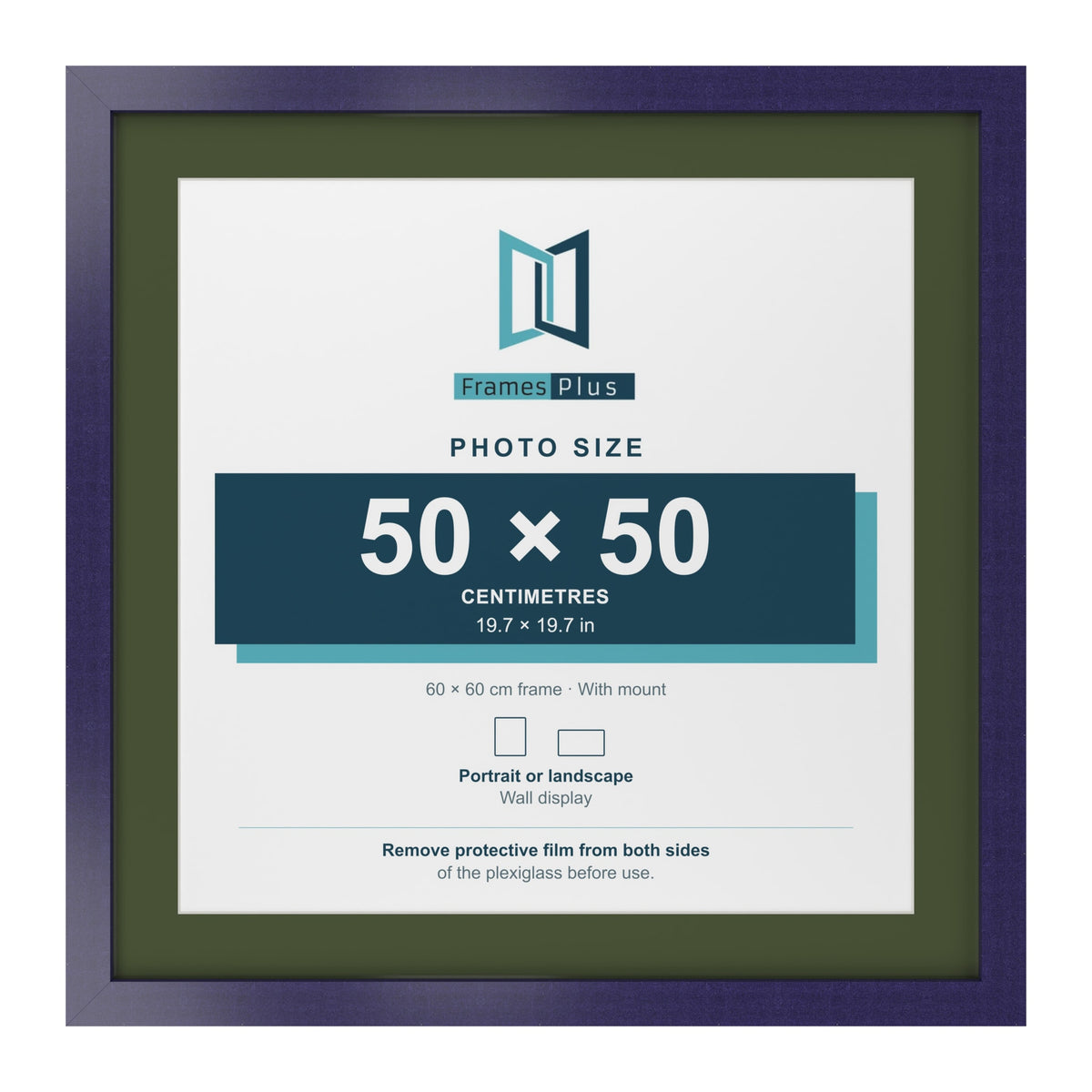 Purple 60 x 60 cm picture frame with a green mount for a 50 x 50 cm photo