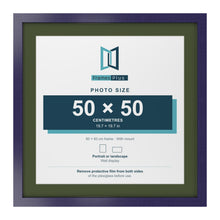 Purple 60 x 60 cm picture frame with a green mount for a 50 x 50 cm photo
