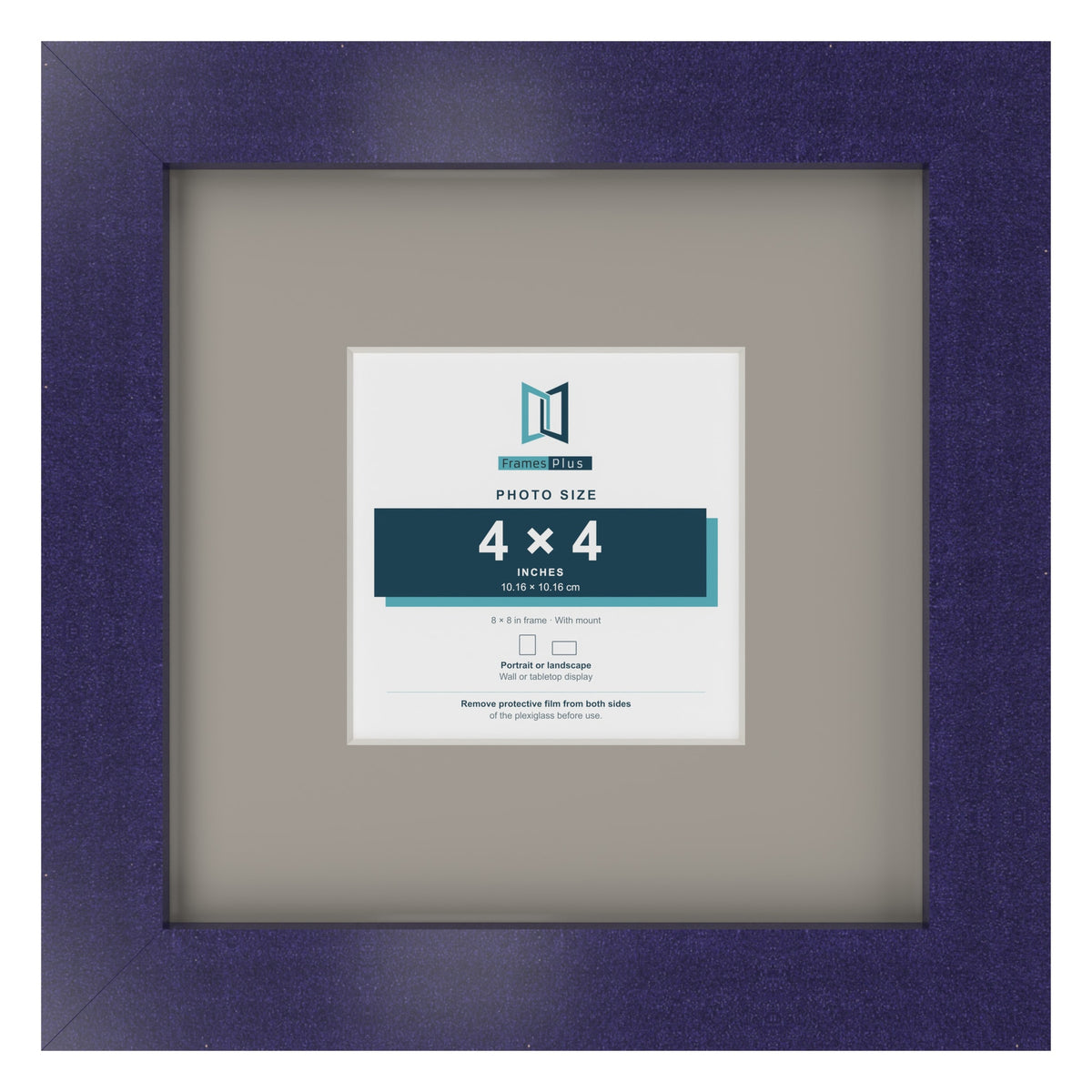 Purple 8 x 8 inch picture frame with a Dawn Grey mount for a 4 x 4 inch photo