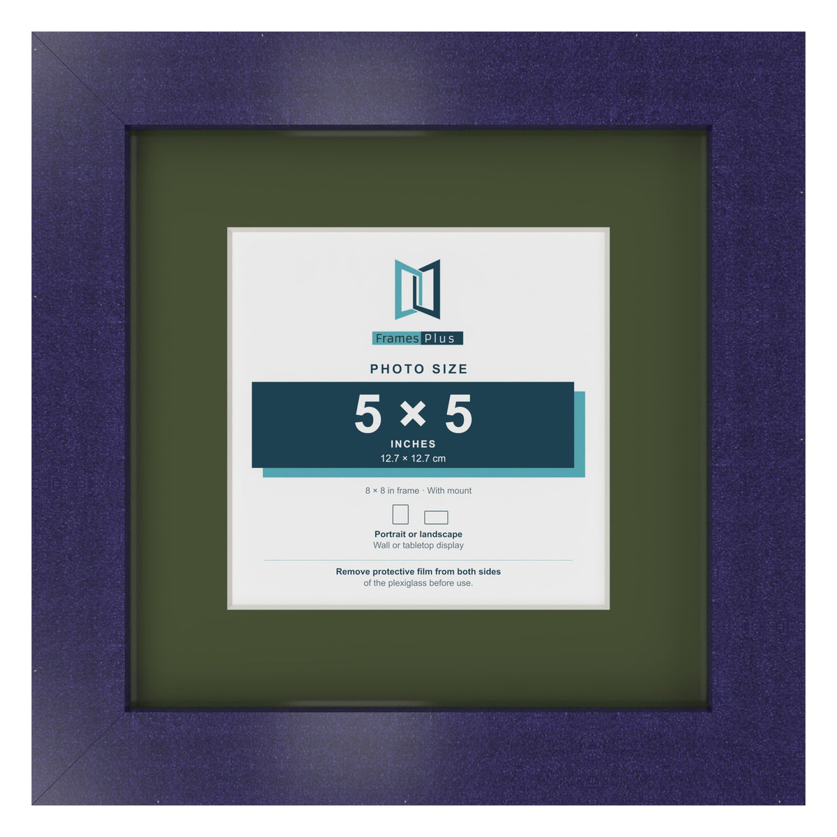 Purple 8 x 8 inch picture frame with a green mount for a 5 x 5 inch photo