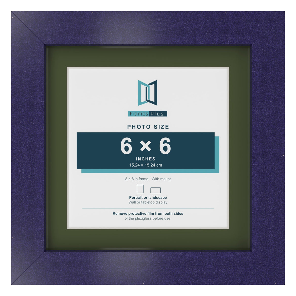 Purple 8 x 8 inch picture frame with a green mount for a 6 x 6 inch photo