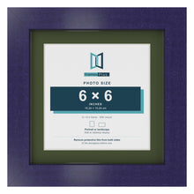 Purple 8 x 8 inch picture frame with a green mount for a 6 x 6 inch photo