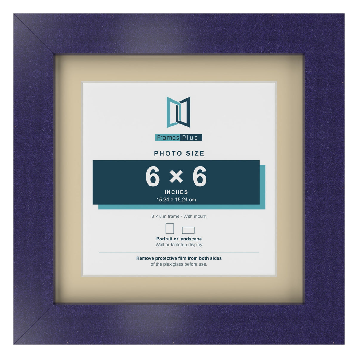 Purple 8 x 8 inch picture frame with an ivory mount for a 6 x 6 inch photo