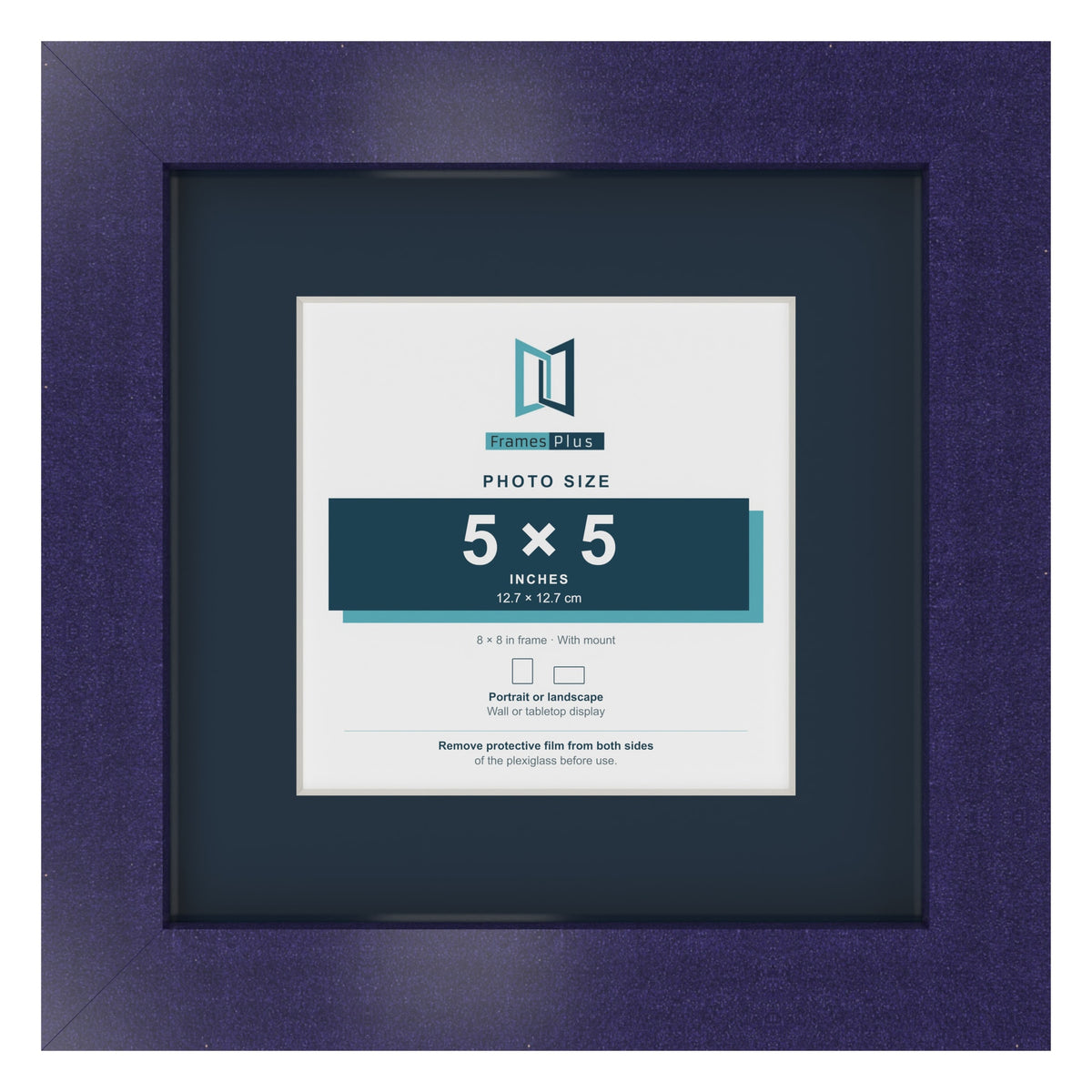 Purple 8 x 8 inch picture frame with a Pacific Blue mount for a 5 x 5 inch photo