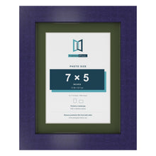 Purple 9 x 7 inch picture frame with a green mount for a 7 x 5 inch photo