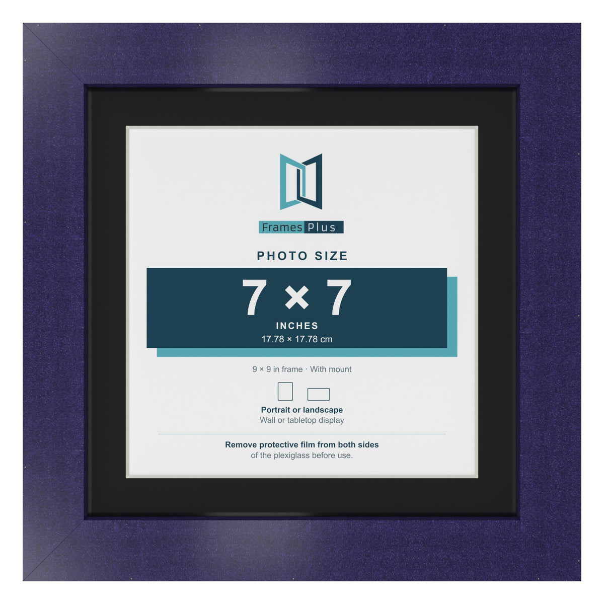 Purple 9 x 9 inch picture frame with a black mount for a 7 x 7 inch photo