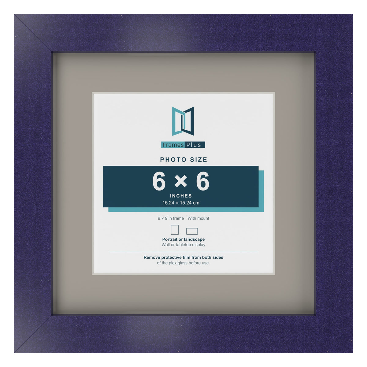 Purple 9 x 9 inch picture frame with a Dawn Grey mount for a 6 x 6 inch photo