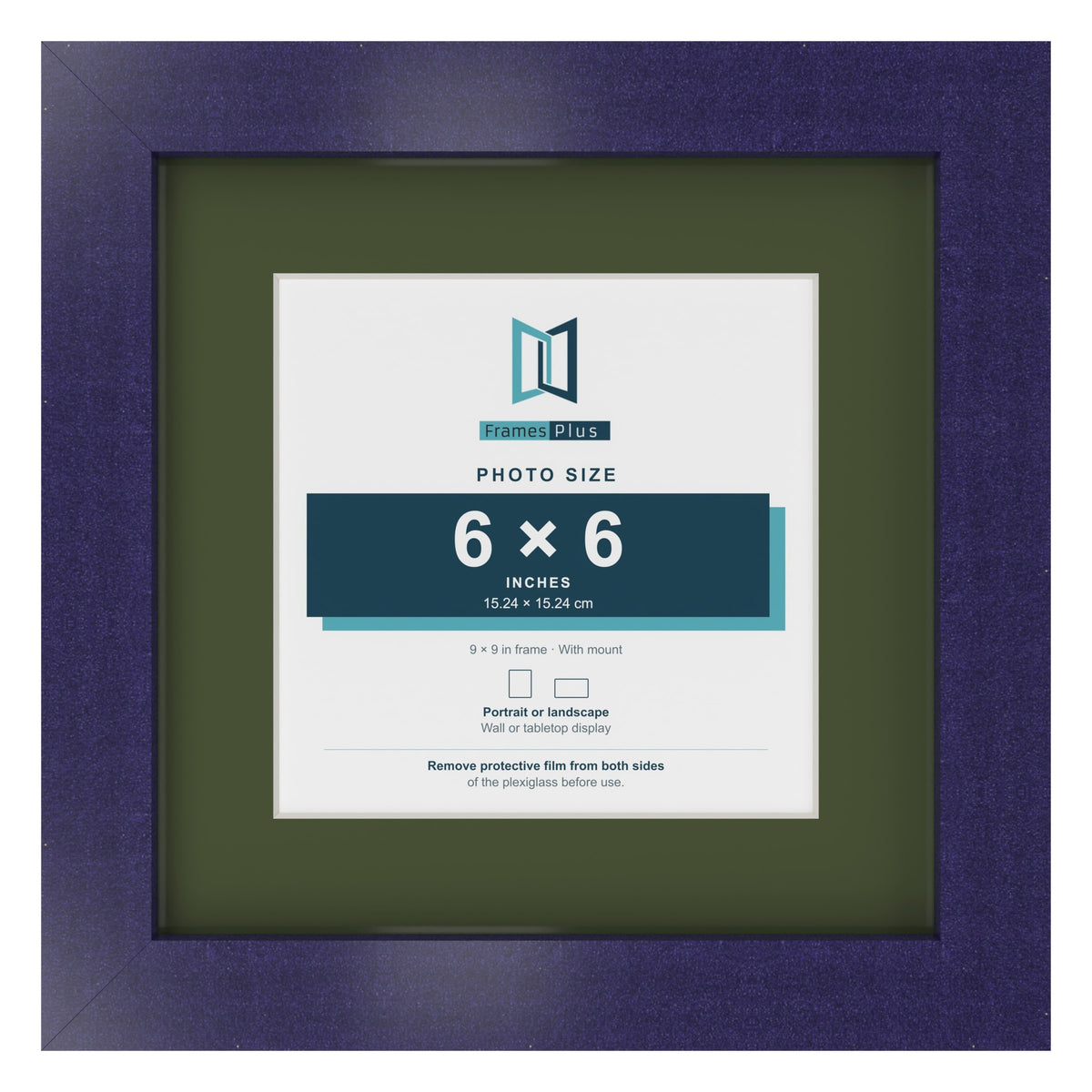 Purple 9 x 9 inch picture frame with a green mount for a 6 x 6 inch photo
