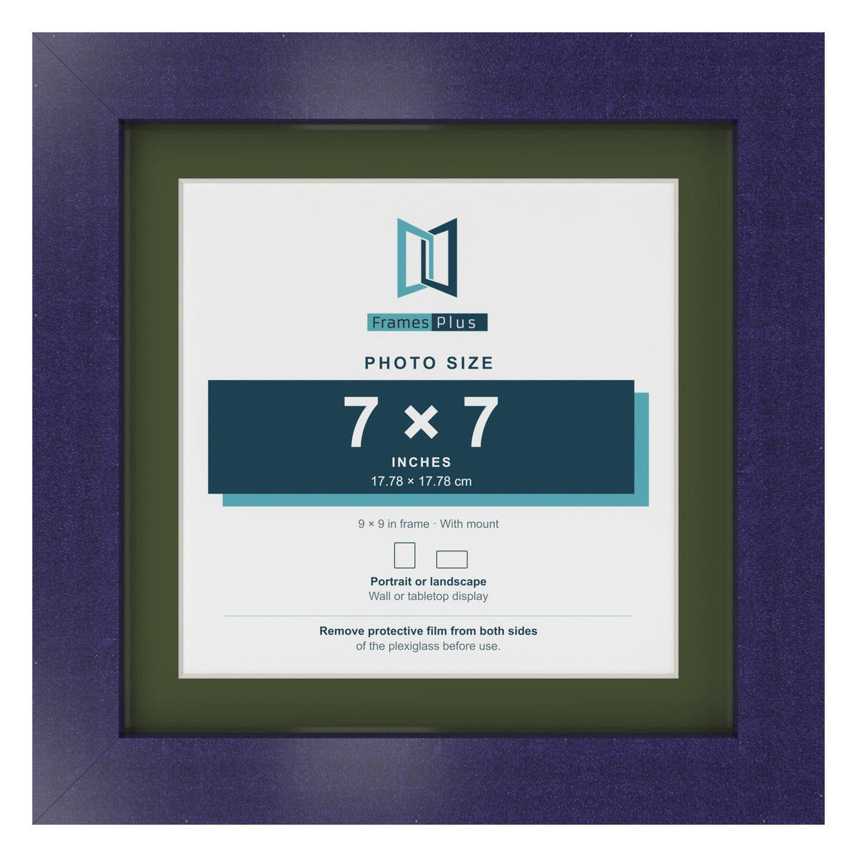 Purple 9 x 9 inch picture frame with a green mount for a 7 x 7 inch photo