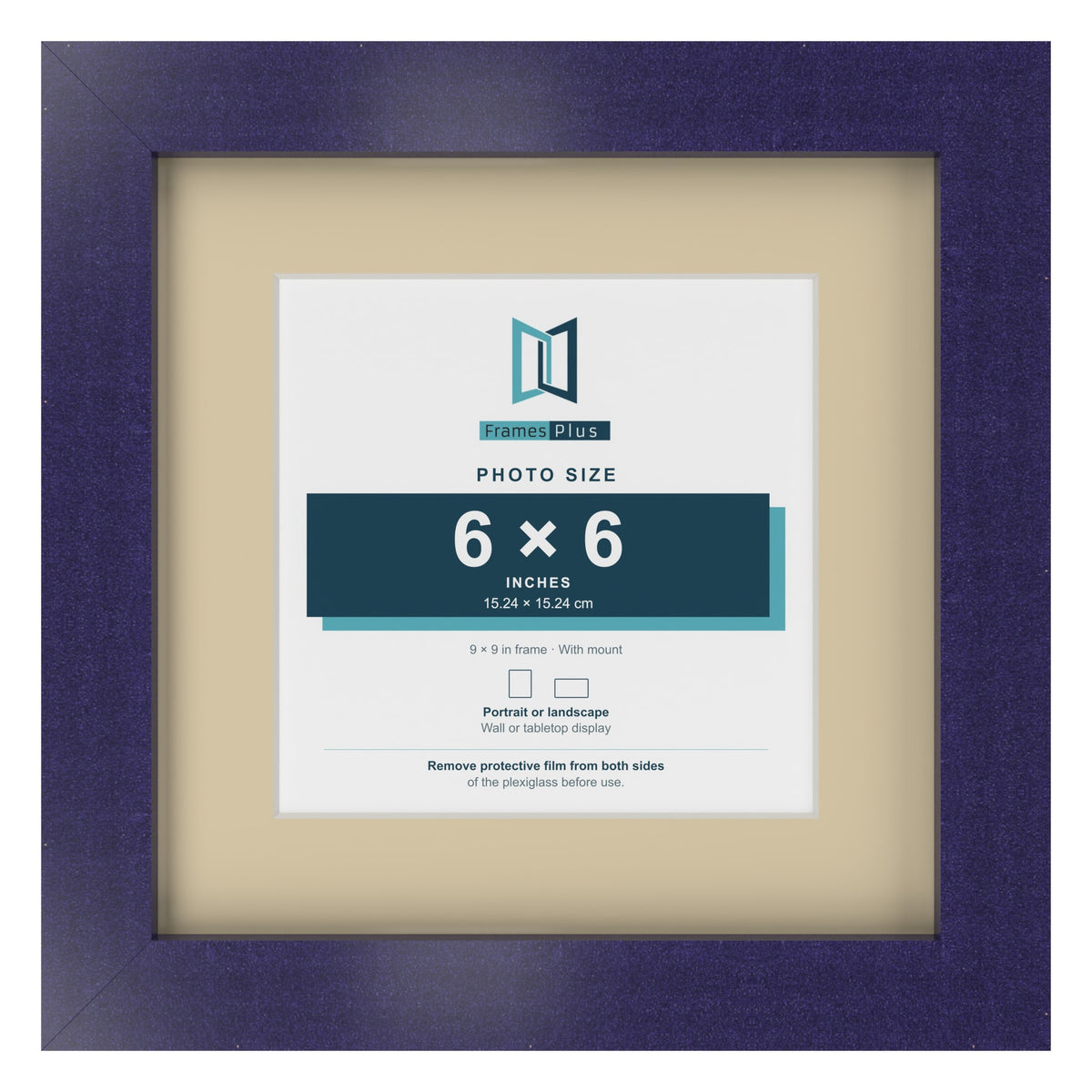 Purple 9 x 9 inch picture frame with an ivory mount for a 6 x 6 inch photo