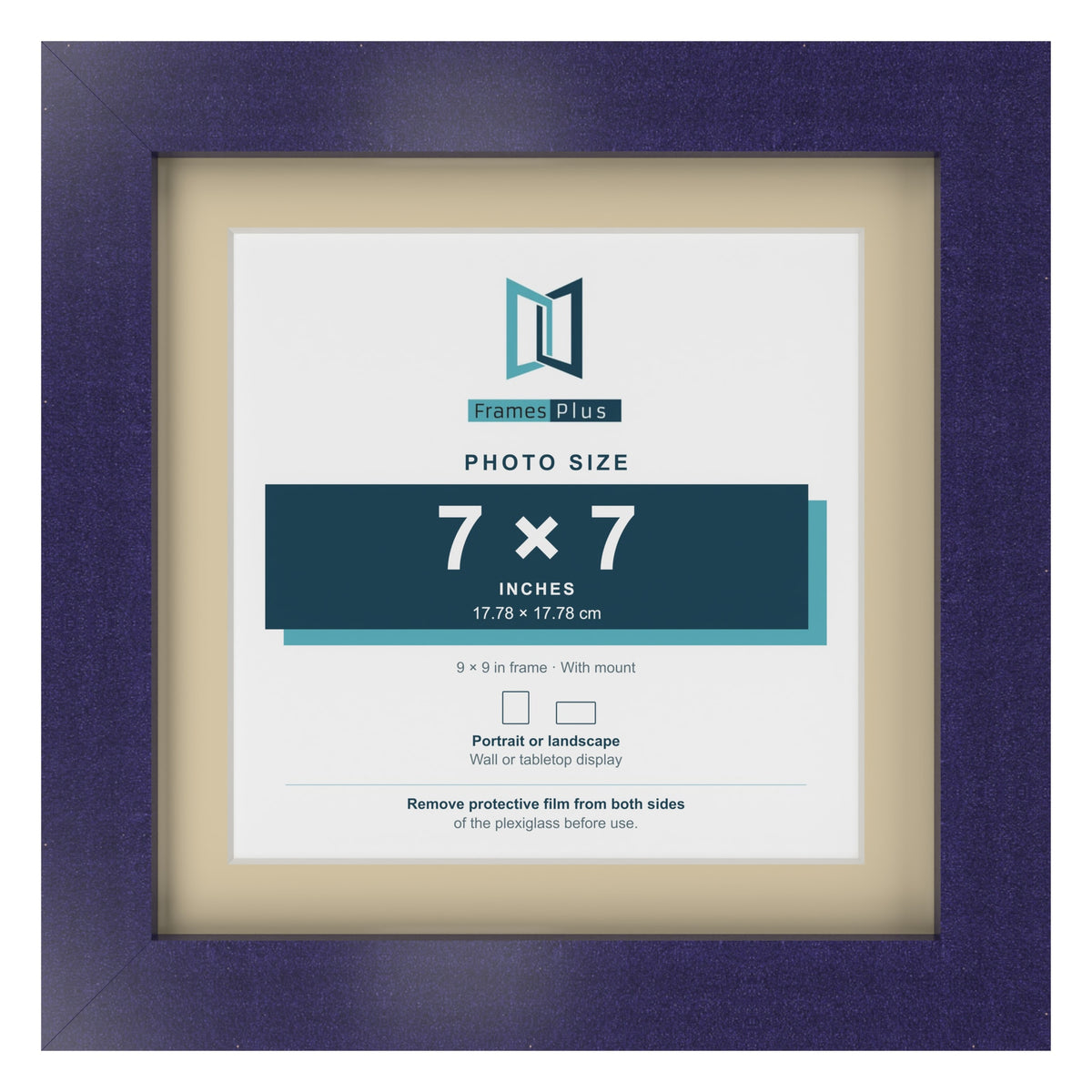Purple 9 x 9 inch picture frame with an ivory mount for a 7 x 7 inch photo
