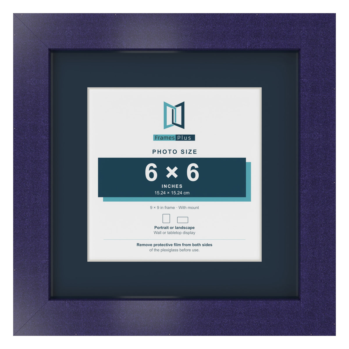 Purple 9 x 9 inch picture frame with a Pacific Blue mount for a 6 x 6 inch photo