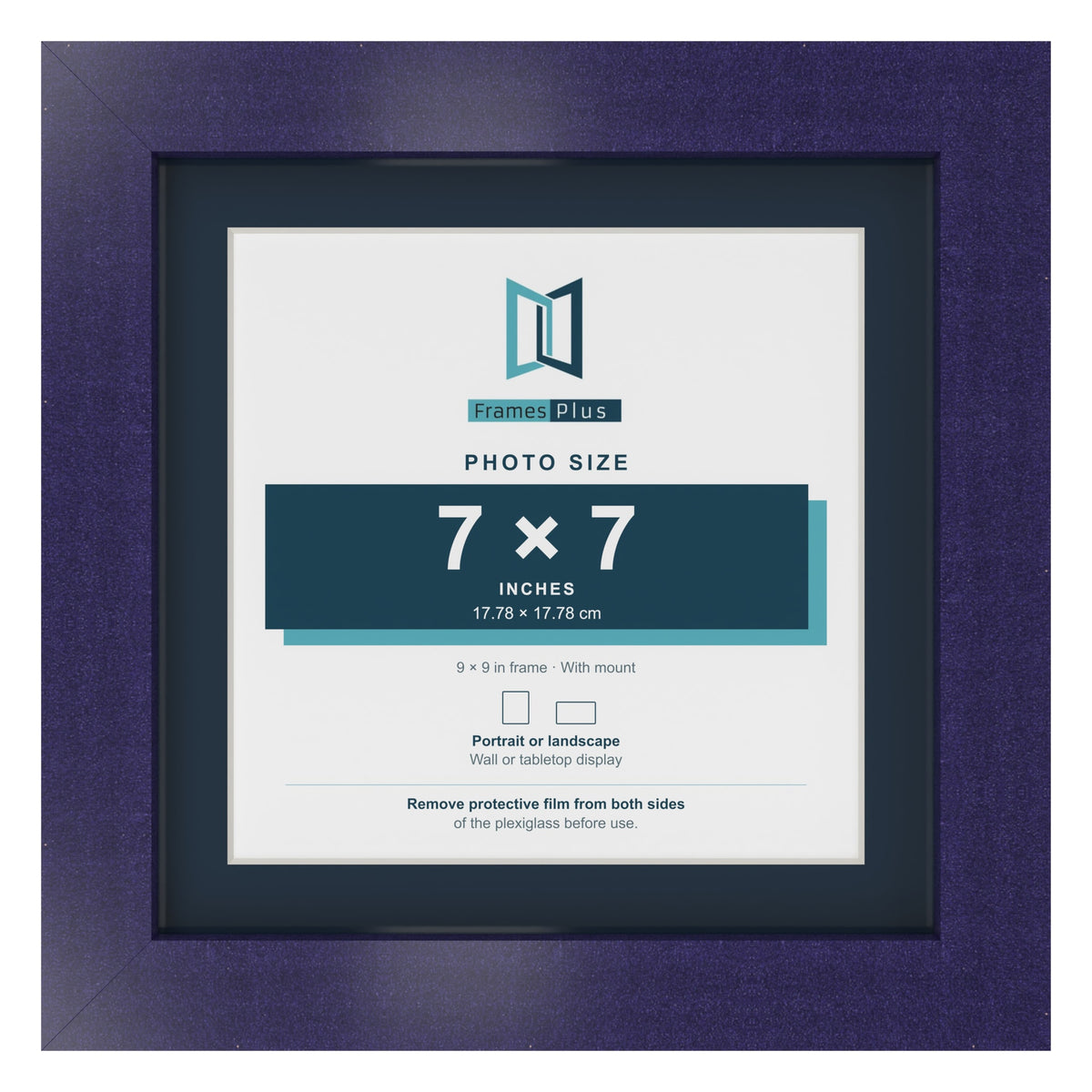 Purple 9 x 9 inch picture frame with a Pacific Blue mount for a 7 x 7 inch photo