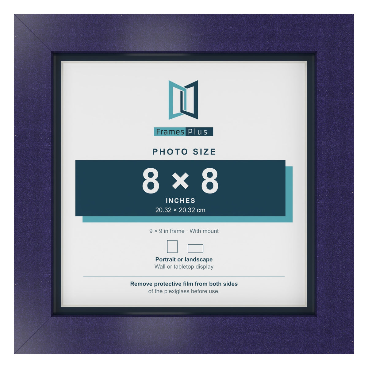 Purple 9 x 9 inch picture frame with a Pacific Blue mount for an 8 x 8 inch photo