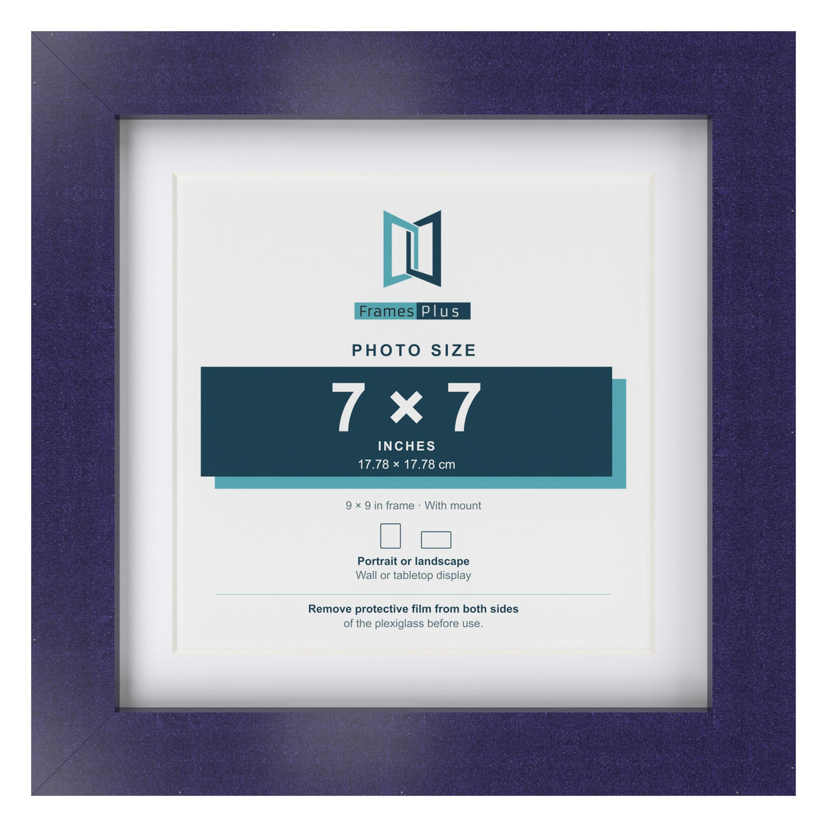 Purple 9 x 9 inch picture frame with a white mount for a 7 x 7 inch photo