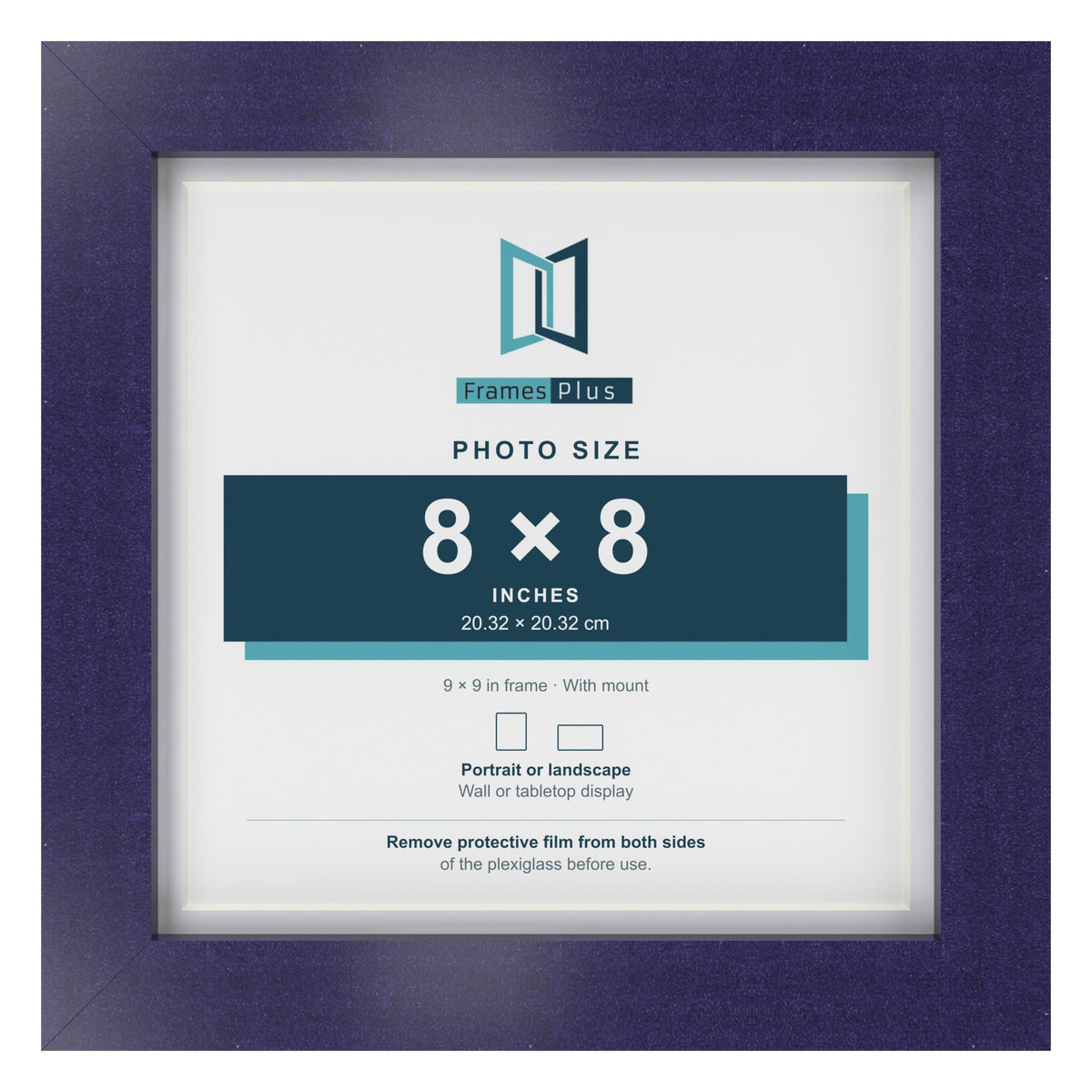Purple 9 x 9 inch picture frame with a white mount for a 8 x 8 inch photo