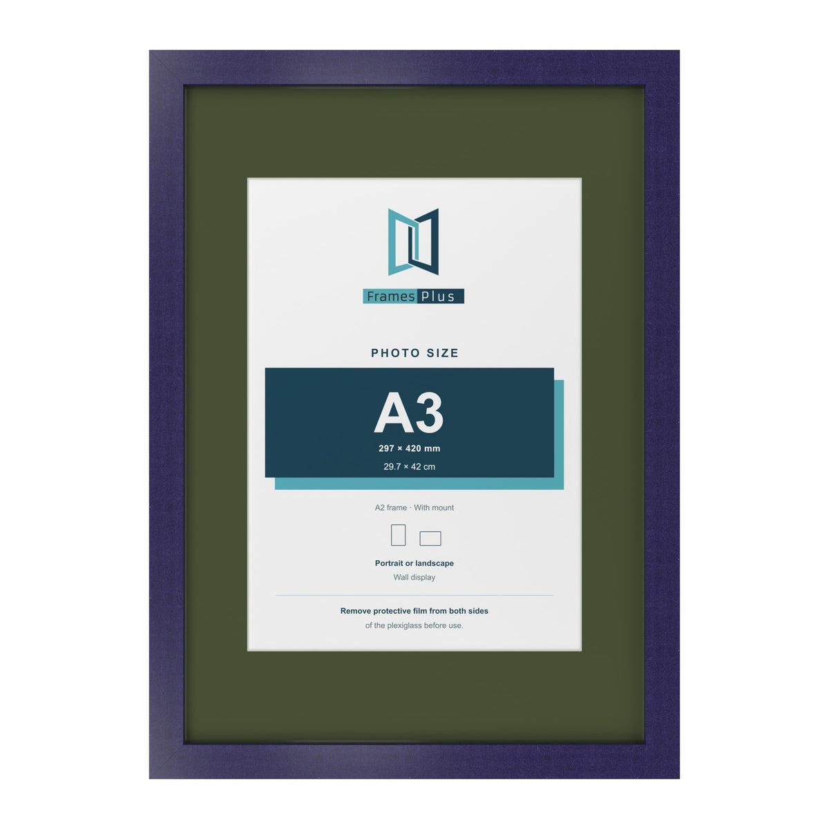Purple A2 picture frame with a green mount for an A3 photo
