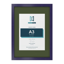 Purple A2 picture frame with a green mount for an A3 photo