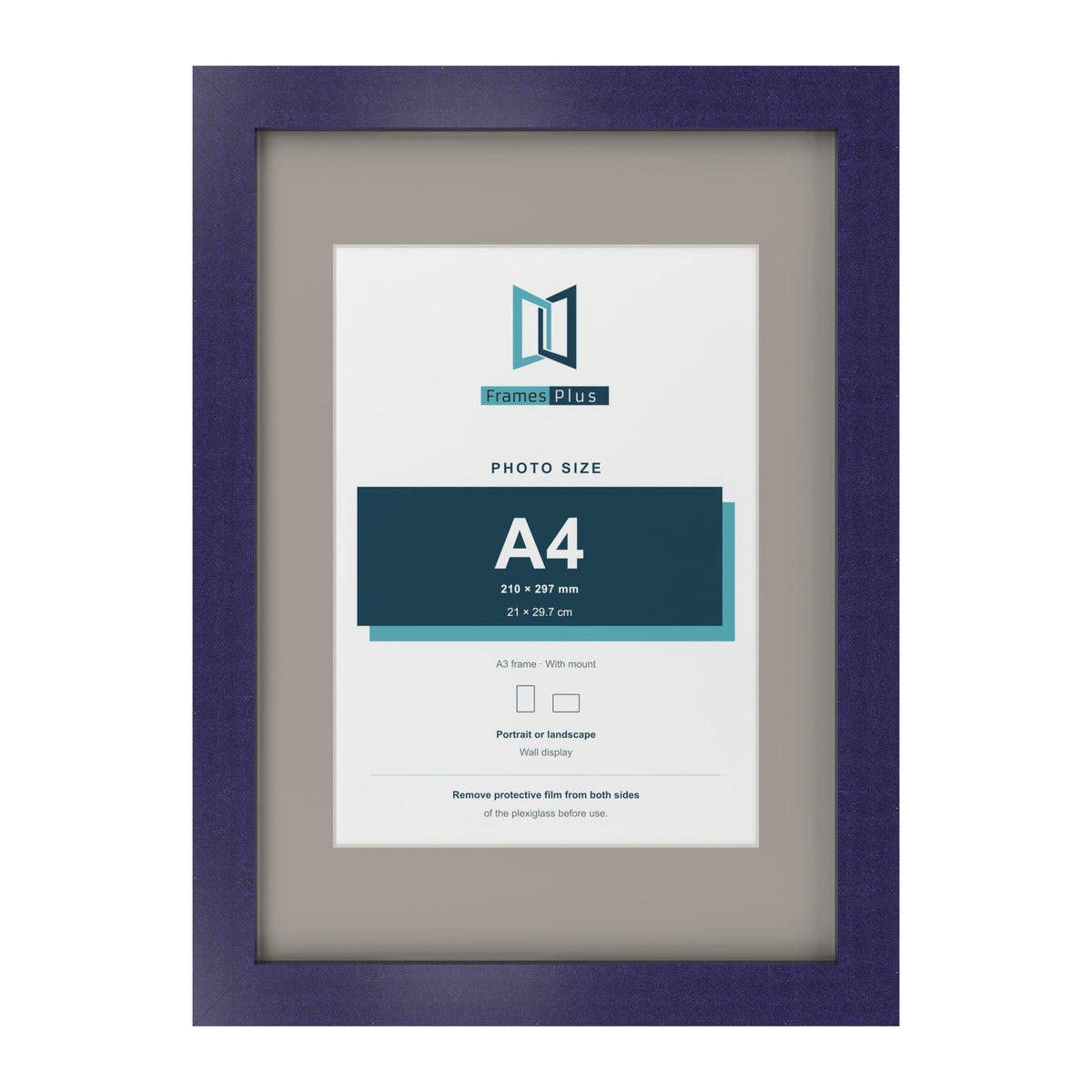 Purple A3 picture frame with a Dawn Grey mount for an A4 photo